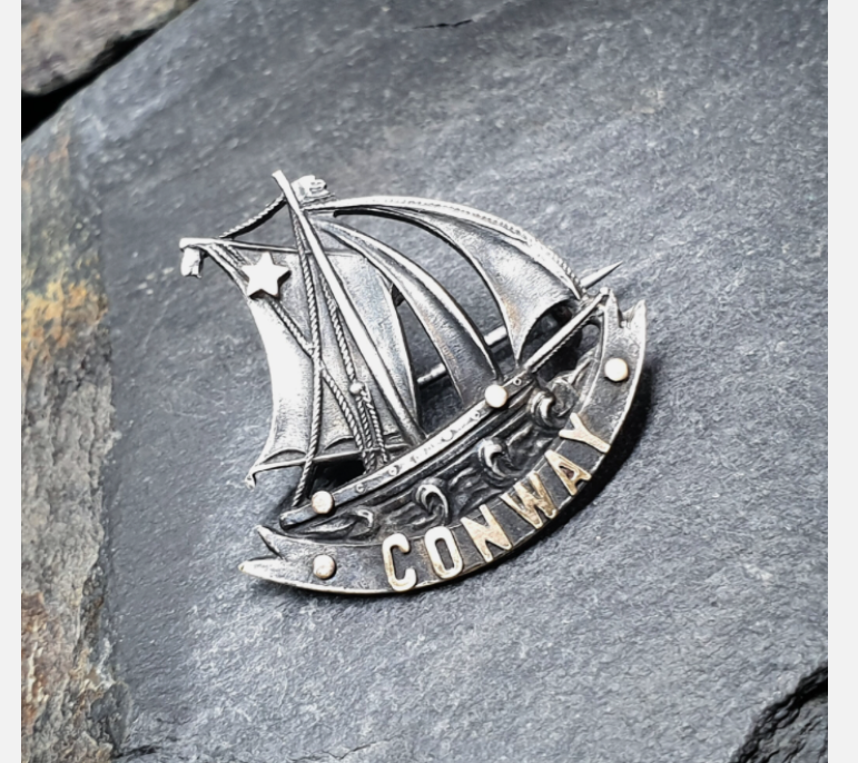 Antique Sterling Silver CONWAY Tourist Brooch - Celtic Boat, Ship - 4.4g