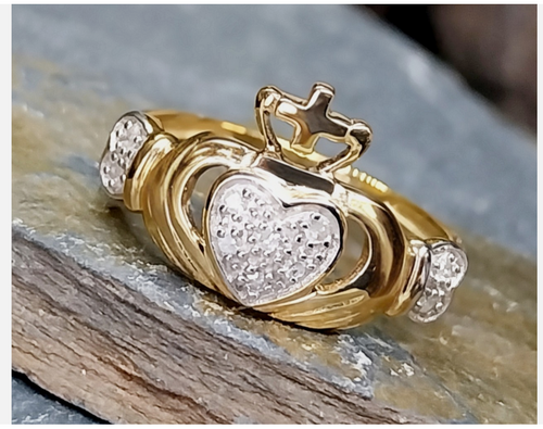 9ct GOLD & Diamond CLADDAGH Ring - Diamond Band - Size M (us size 6) - 1.7g