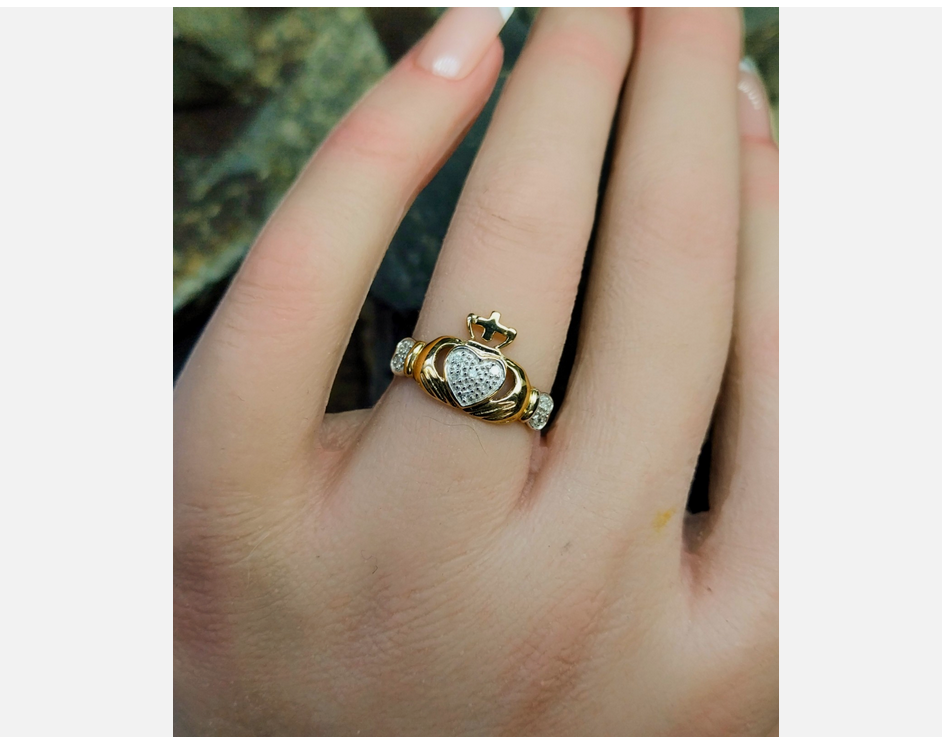 9ct GOLD & Diamond CLADDAGH Ring - Diamond Band - Size M (us size 6) - 1.7g