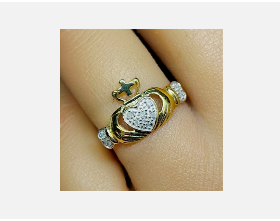 9ct GOLD & Diamond CLADDAGH Ring - Diamond Band - Size M (us size 6) - 1.7g