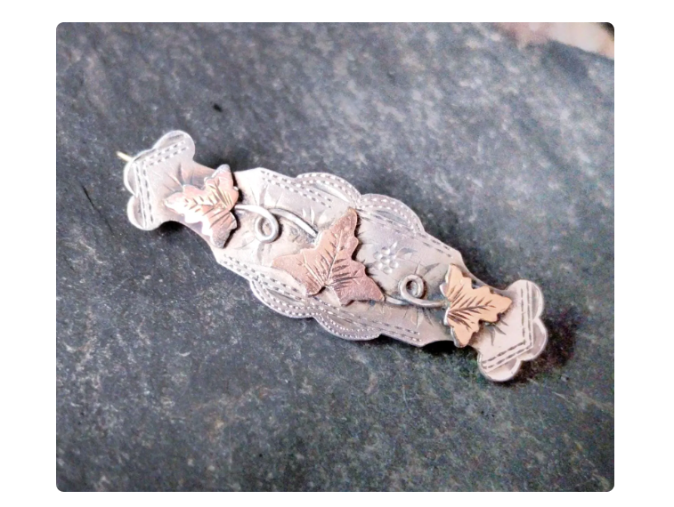 VICTORIAN Antique Brooch - Vine Leaf Sterling Silver Chester c 1896 - 3.2g