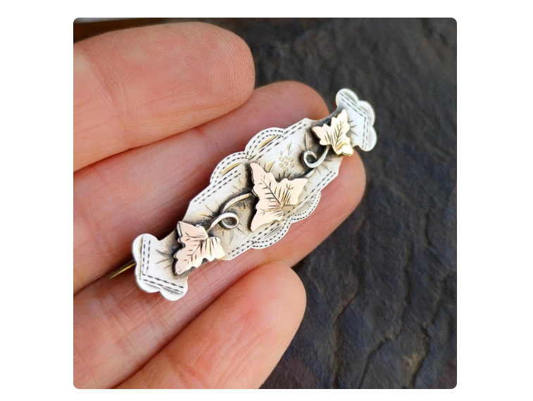 VICTORIAN Antique Brooch - Vine Leaf Sterling Silver Chester c 1896 - 3.2g