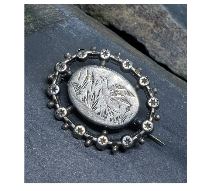 Victorian Silver Locket Brooch with Bird engraved design - 4.2g