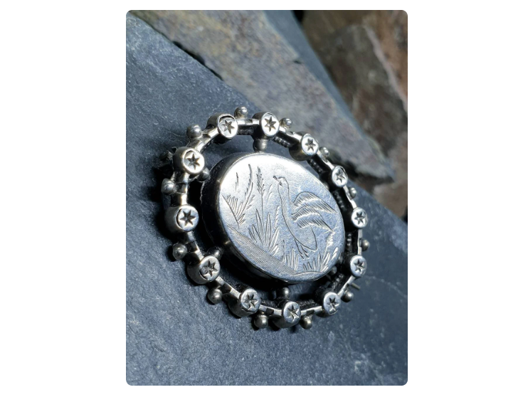 Victorian Silver Locket Brooch with Bird engraved design - 4.2g