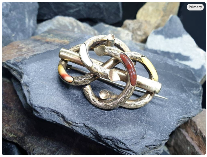 Antique Victorian SERPENT BROOCH - Infinity Lovers Knot with Agate - Rolled Gold