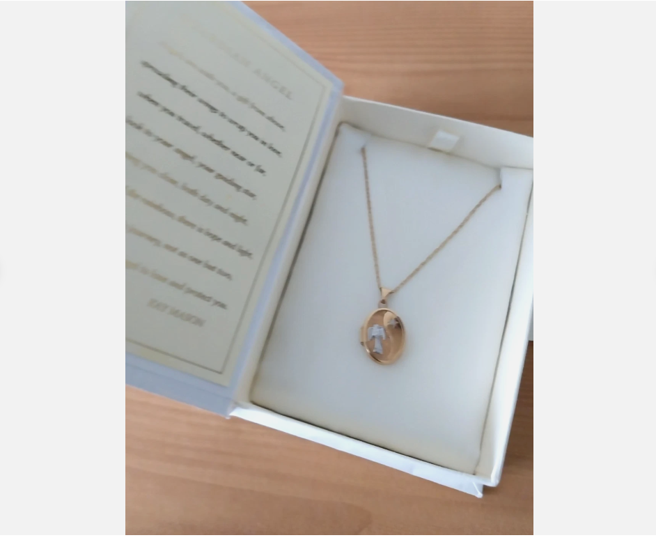 9ct Gold Pendant Locket Guardian Angel w/ Inscription on 18" chain Boxed