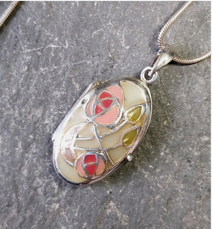 Vintage Silver ENAMEL LOCKET Necklace Mackintosh Style on 16" - 18" Chain - 6.4g