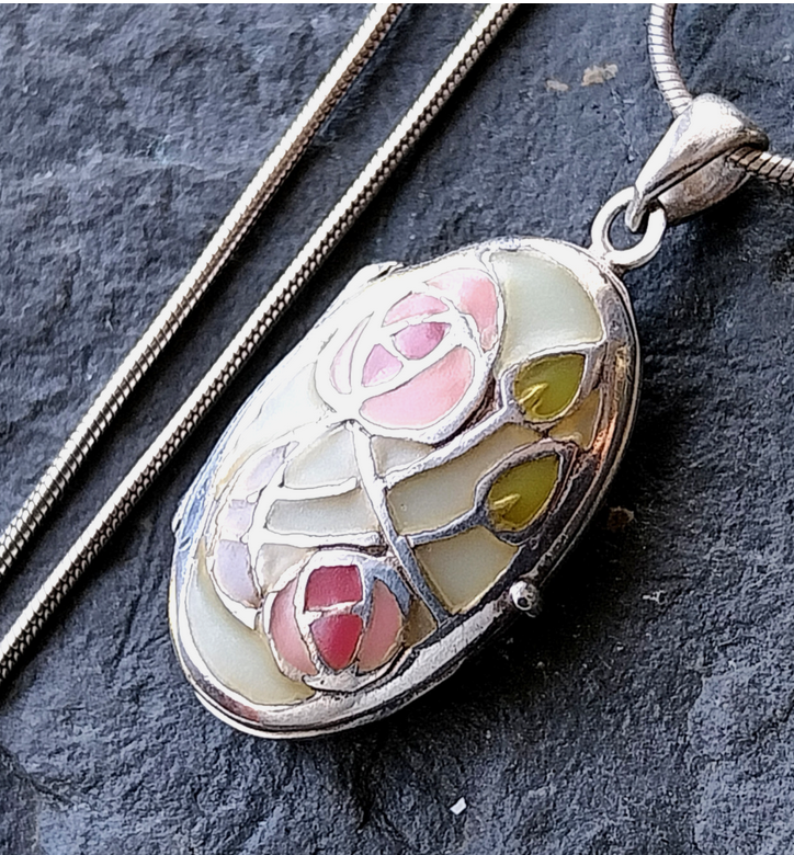 Vintage Silver ENAMEL LOCKET Necklace Mackintosh Style on 16" - 18" Chain - 6.4g