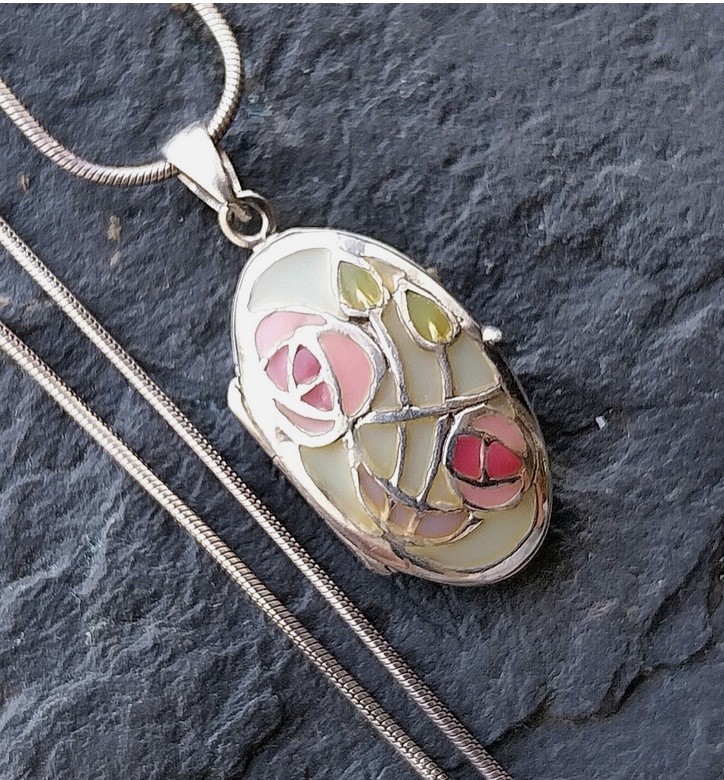 Vintage Silver ENAMEL LOCKET Necklace Mackintosh Style on 16" - 18" Chain - 6.4g