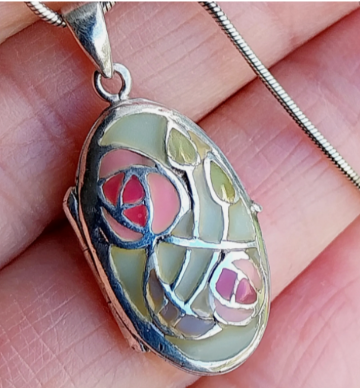 Vintage Silver ENAMEL LOCKET Necklace Mackintosh Style on 16" - 18" Chain - 6.4g