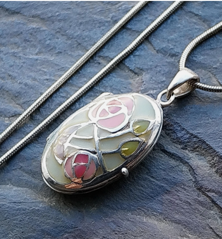 Vintage Silver ENAMEL LOCKET Necklace Mackintosh Style on 16" - 18" Chain - 6.4g