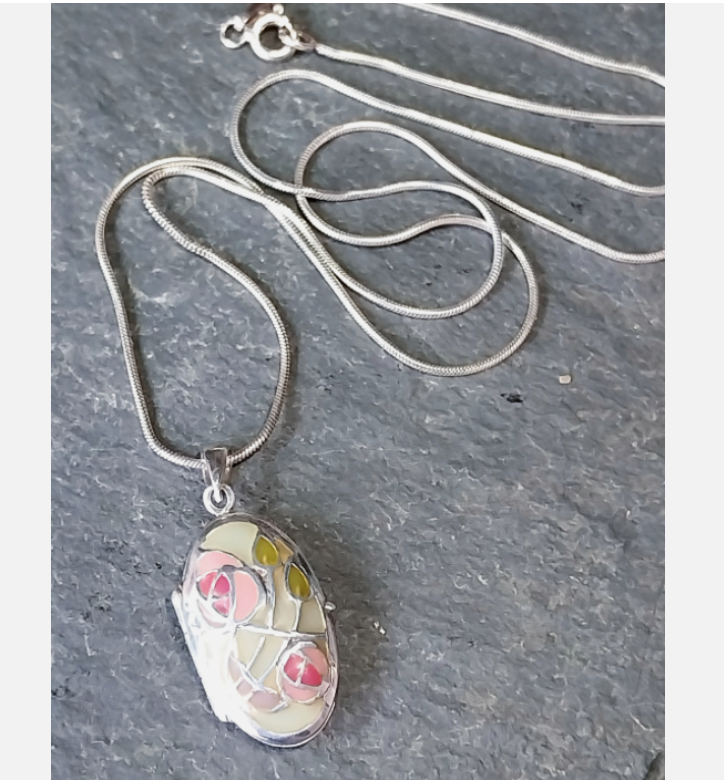 Vintage Silver ENAMEL LOCKET Necklace Mackintosh Style on 16" - 18" Chain - 6.4g