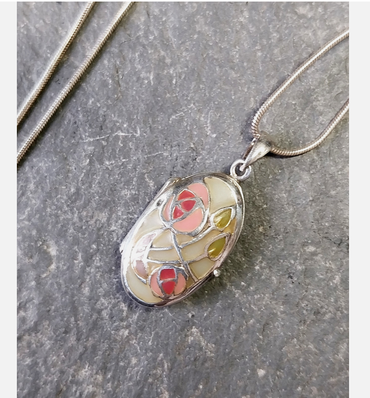 Vintage Silver ENAMEL LOCKET Necklace Mackintosh Style on 16" - 18" Chain - 6.4g