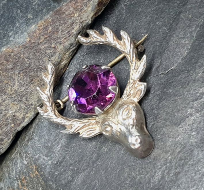 Vintage Silver STAG Antlers Brooch - with Purple Amethyst Stone- 3.4g