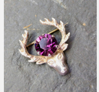 Vintage Silver STAG Antlers Brooch - with Purple Amethyst Stone- 3.4g