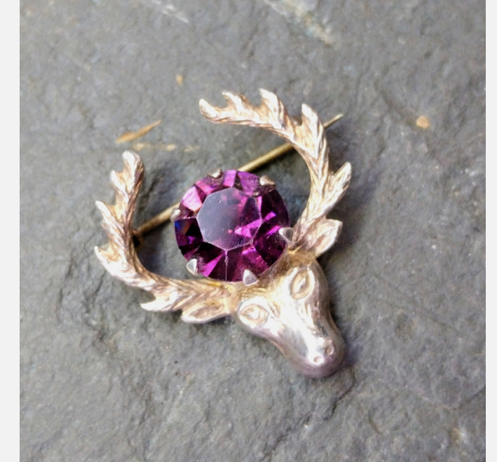 Vintage Silver STAG Antlers Brooch - with Purple Amethyst Stone- 3.4g