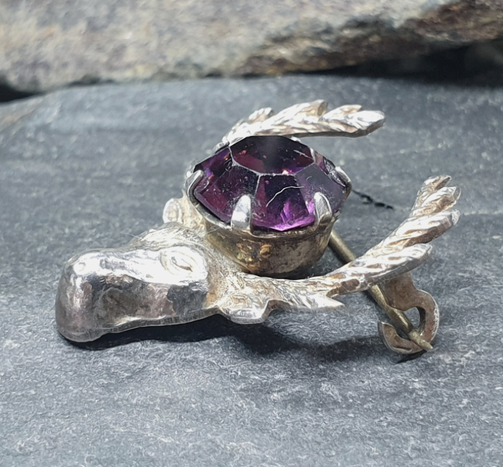 Vintage Silver STAG Antlers Brooch - with Purple Amethyst Stone- 3.4g