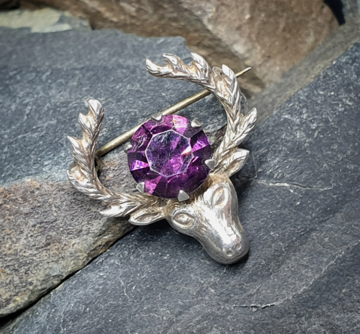 Vintage Silver STAG Antlers Brooch - with Purple Amethyst Stone- 3.4g
