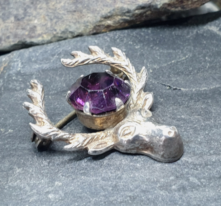 Vintage Silver STAG Antlers Brooch - with Purple Amethyst Stone- 3.4g