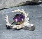 Vintage Silver STAG Antlers Brooch - with Purple Amethyst Stone- 3.4g