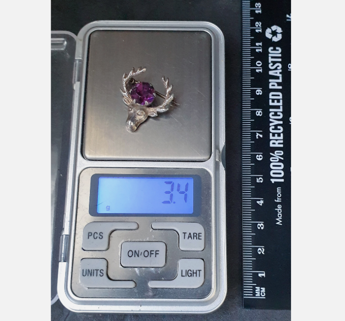 Vintage Silver STAG Antlers Brooch - with Purple Amethyst Stone- 3.4g