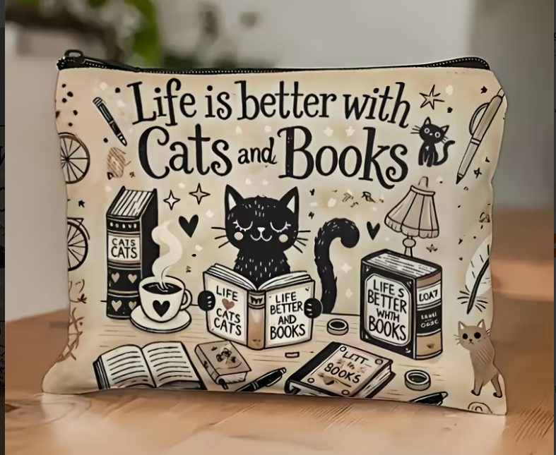 Life is Better with Cats & Books - Fabric Zippered Bag Makeup Pencil Case