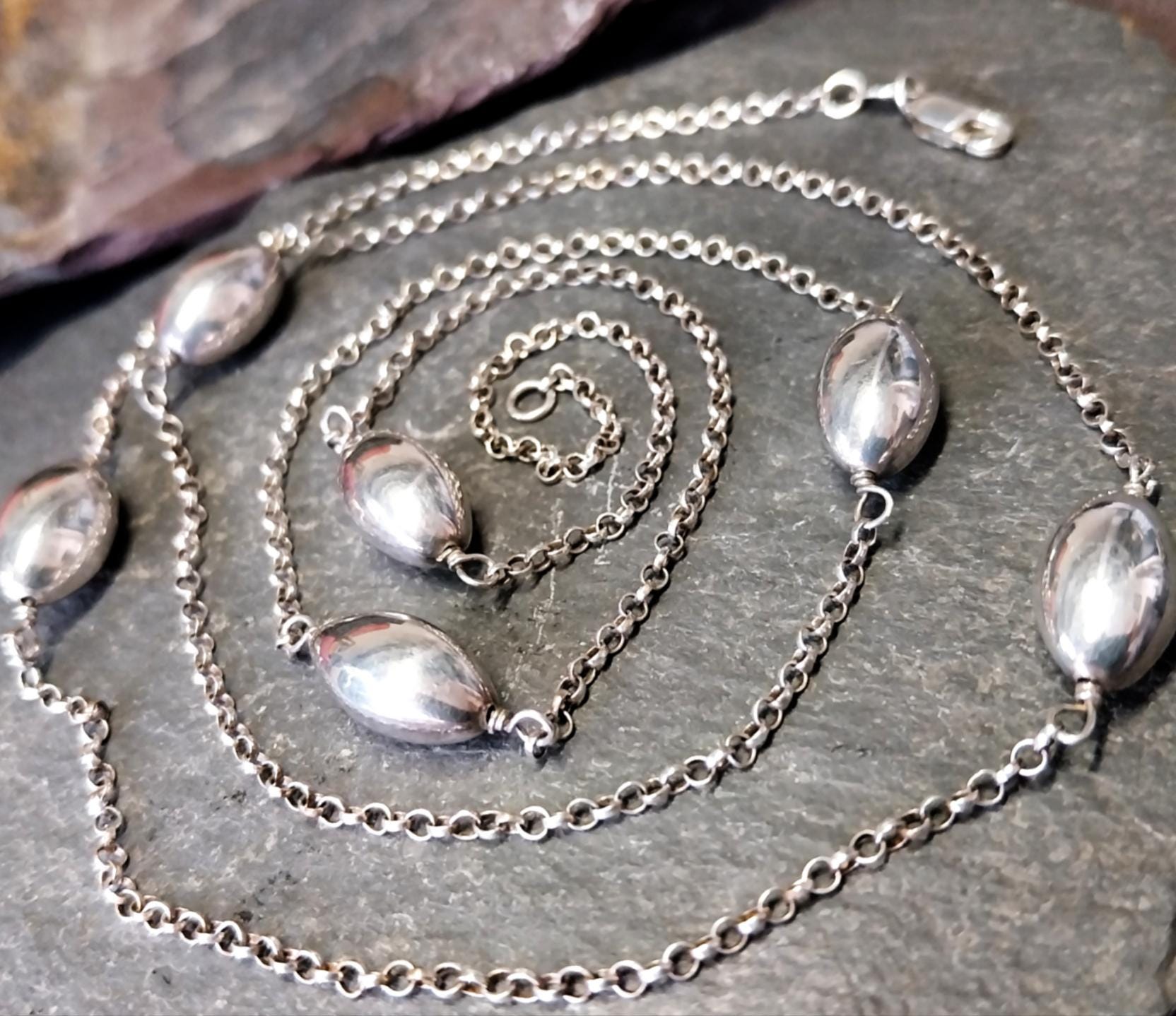 Sterling Silver Extra Long Belcher Chain Beaded Necklace - 32" - 11.3g