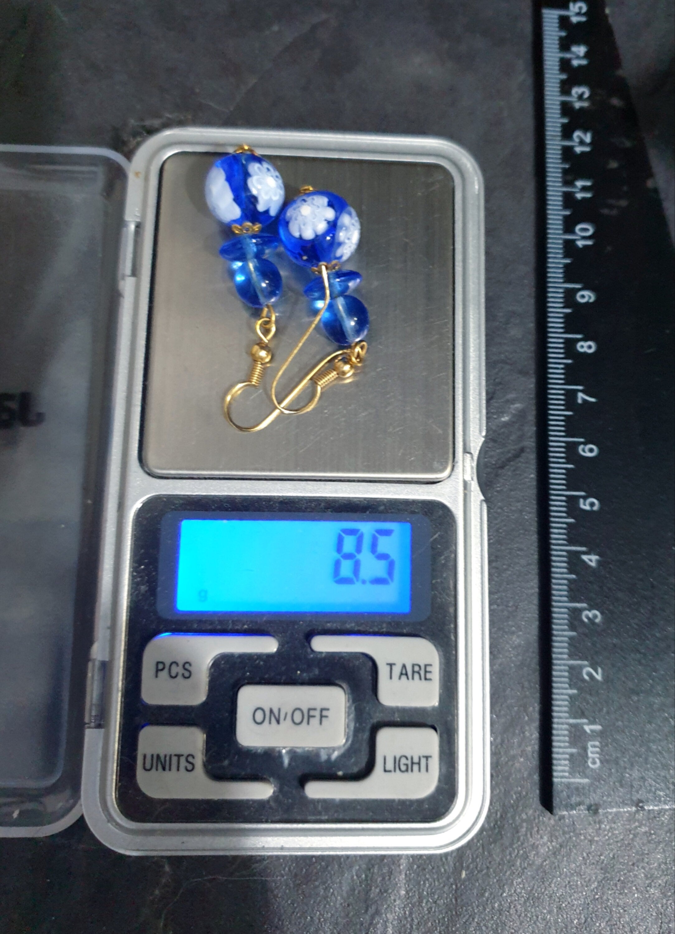 Vintage Murano Style Blue Bead EARRINGS - Long Dangling  - 8.5g