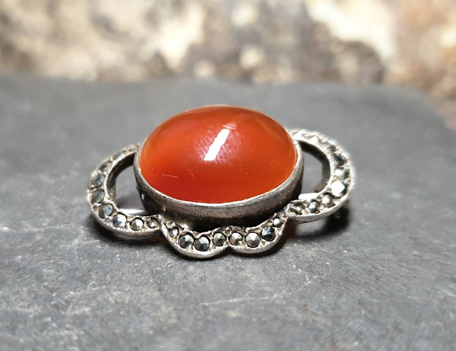 Vintage Carnelian Brooch - with Marcasite Stones, Scottish Silver - 5.9g
