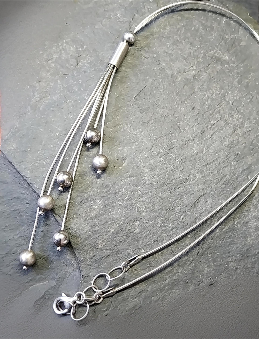 Sterling Silver Necklace, Multi Strand with Spherical beads 16" - 18" Chain - 10.6g