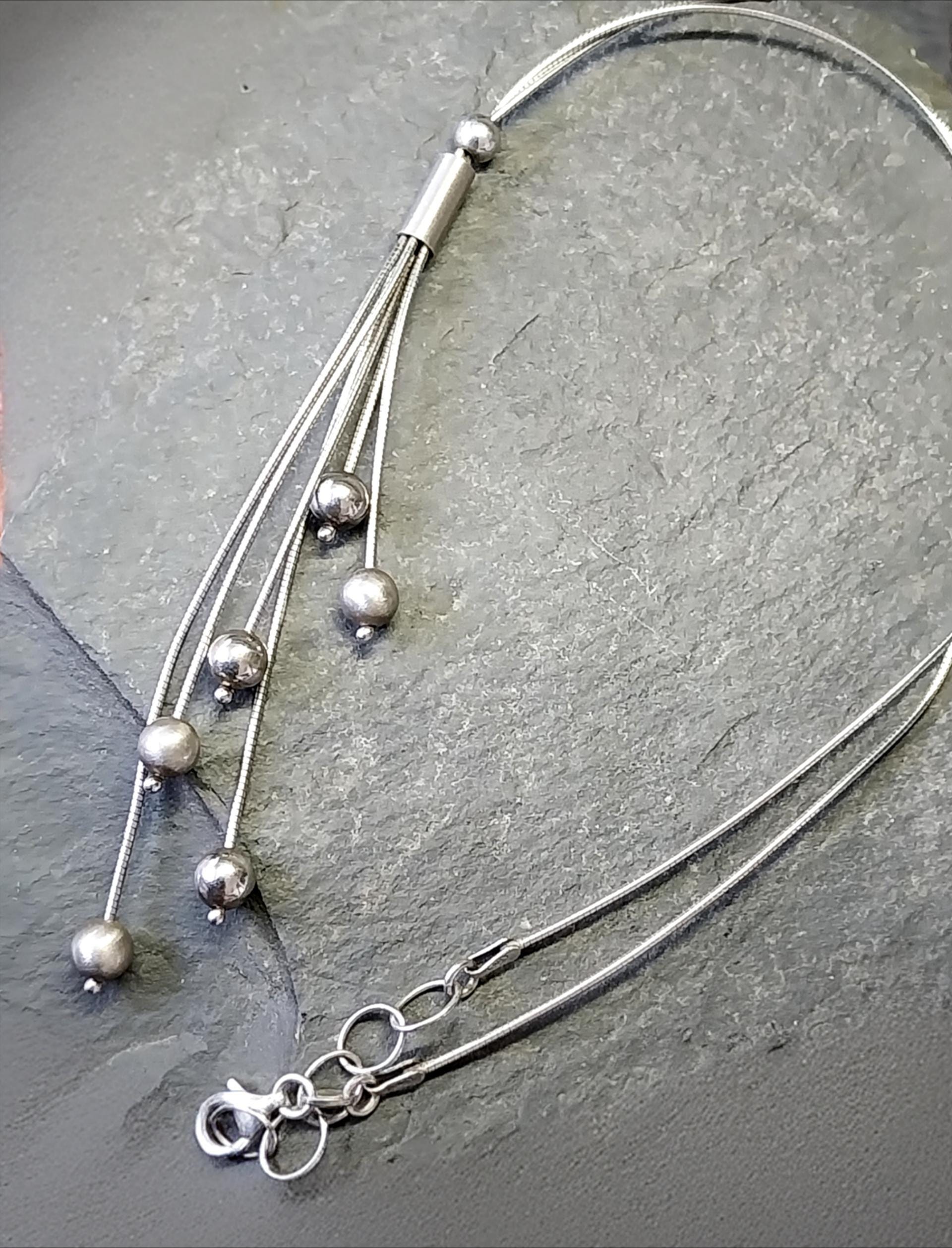 Sterling Silver Necklace, Multi Strand with Spherical beads 16" - 18" Chain - 10.6g