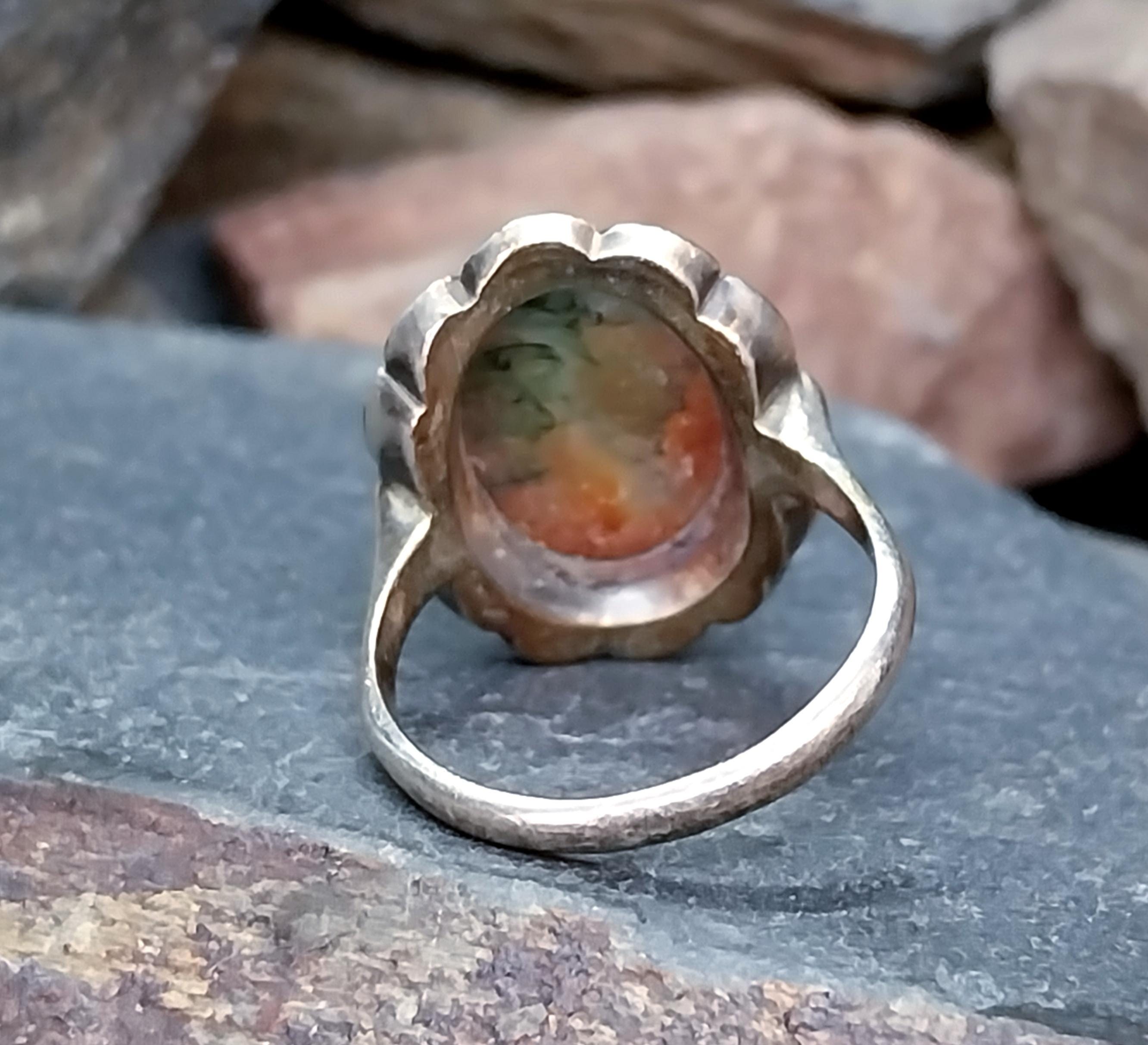 Art Deco 935 Silver MOSS AGATE RING - uk size N (us 6.5) - 5.5g