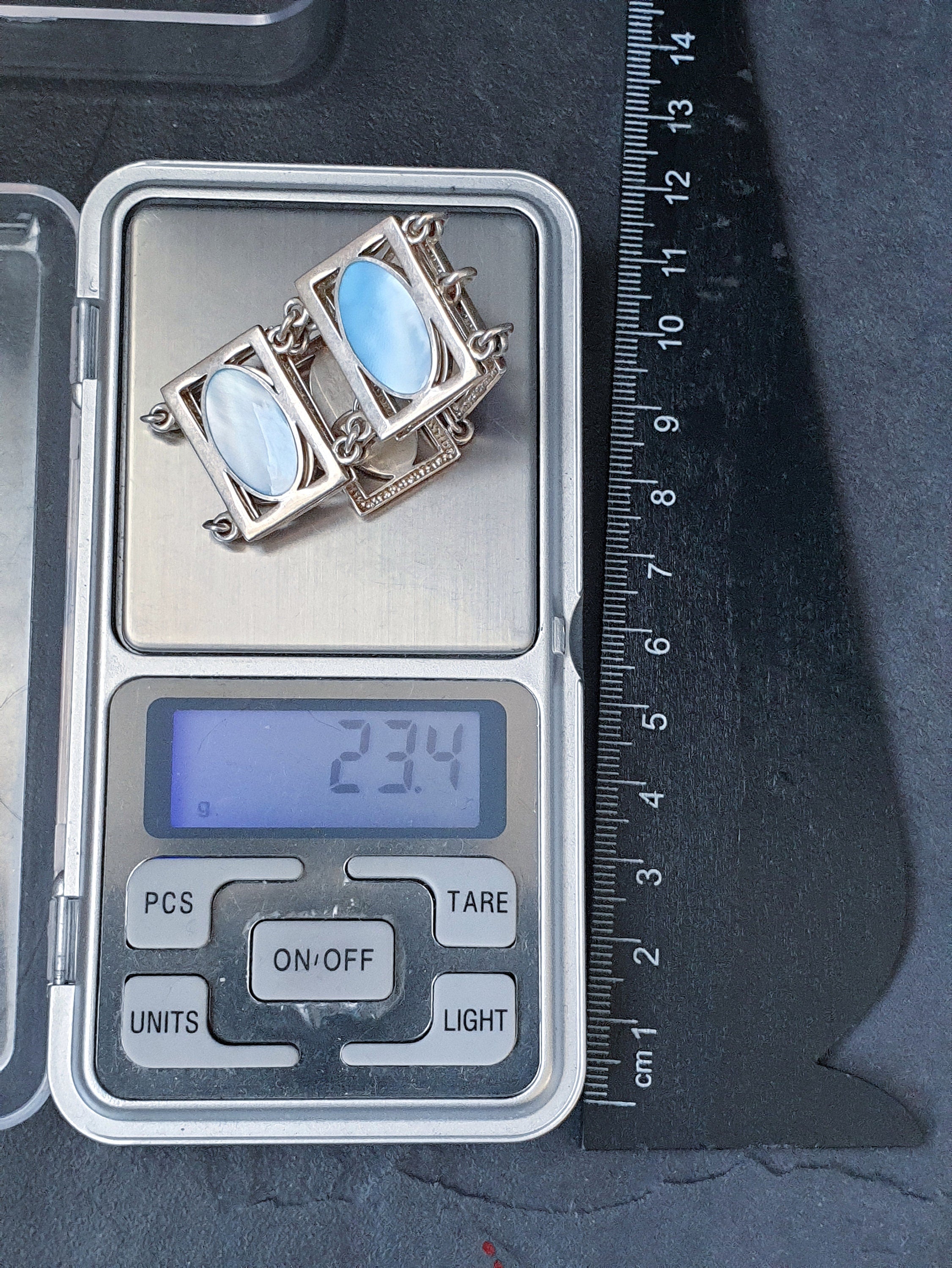Vintage Silver Bracelet with Blue Mother of Pearl Panel Links -23.4g