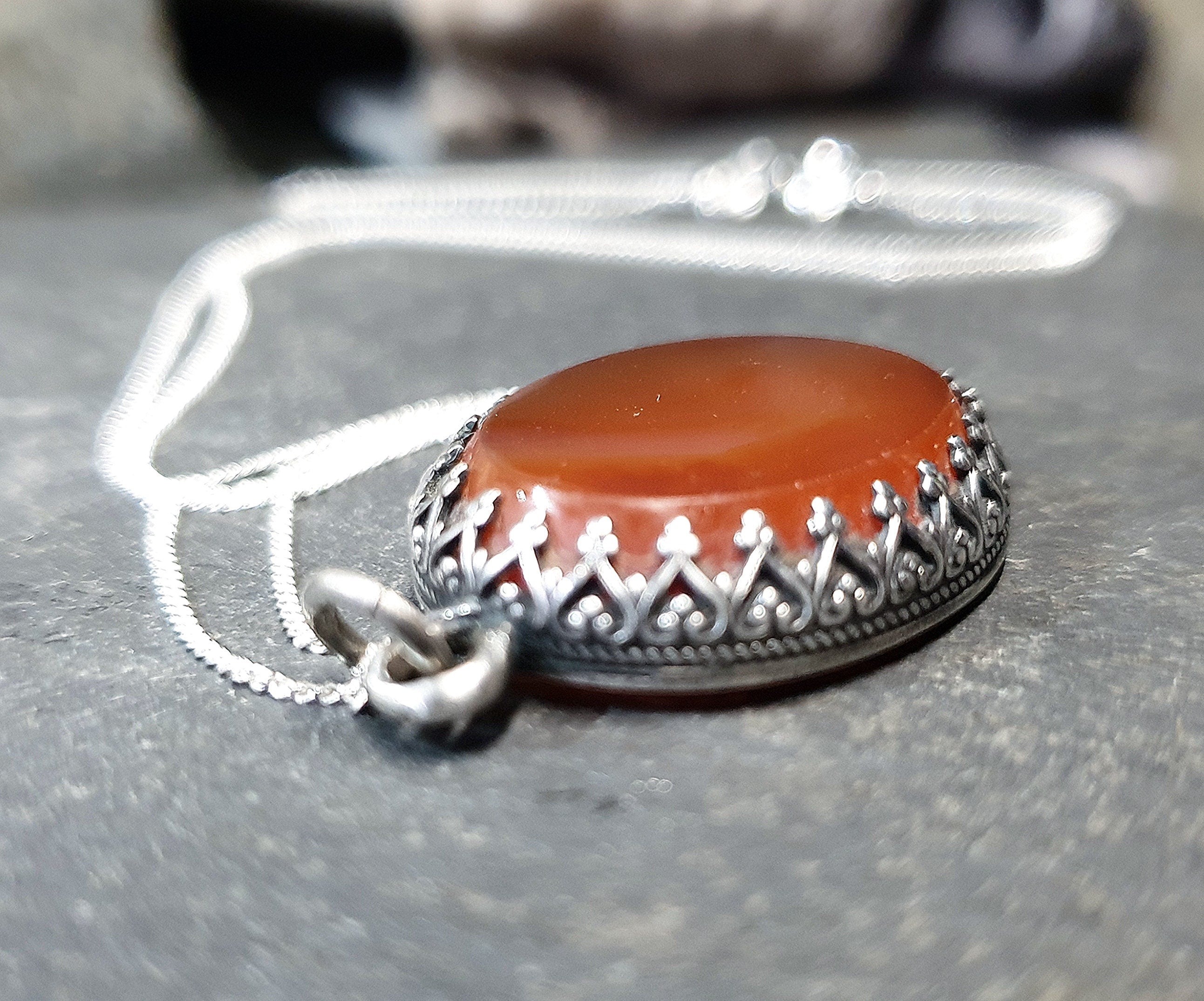 Antique Carnelian Agate  Pendant Necklace  on  20" Chain - 6.9g