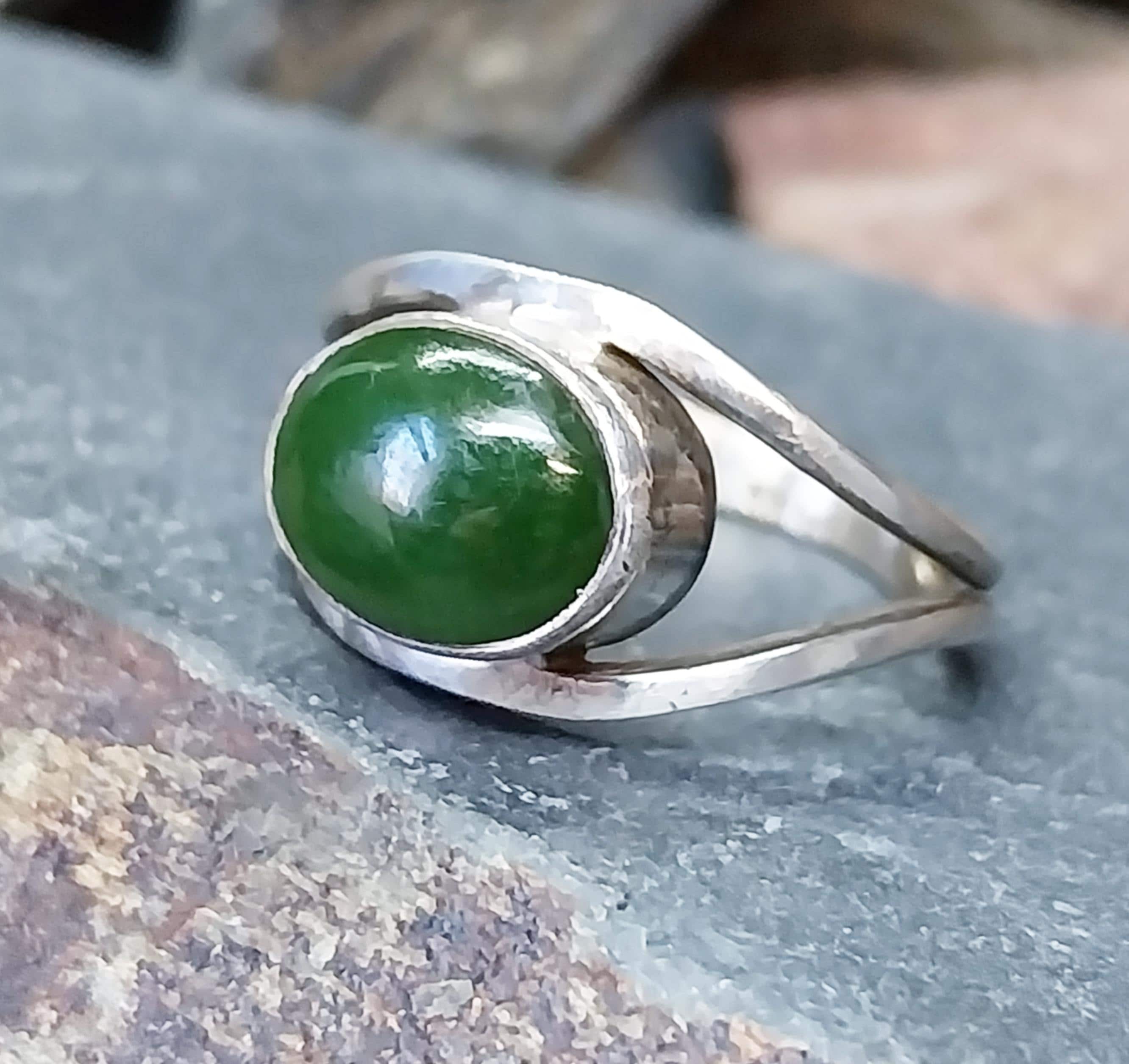 Vintage Sterling Silver Ring - Forest Green Agate - uk size Q (8) - 3.8g