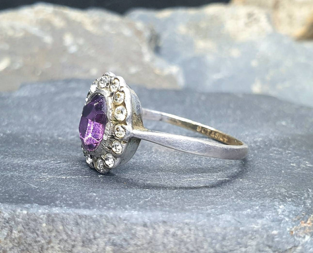 Vintage 9ct Gold & Silver Amethyst Ring - Art Deco with paste stones - Size uk U (us 10) - 2.6g