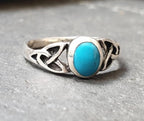 SILVER CELTIC RING - with Turquoise stone 925 Sterling Band - Small Size J (us size 4.5)