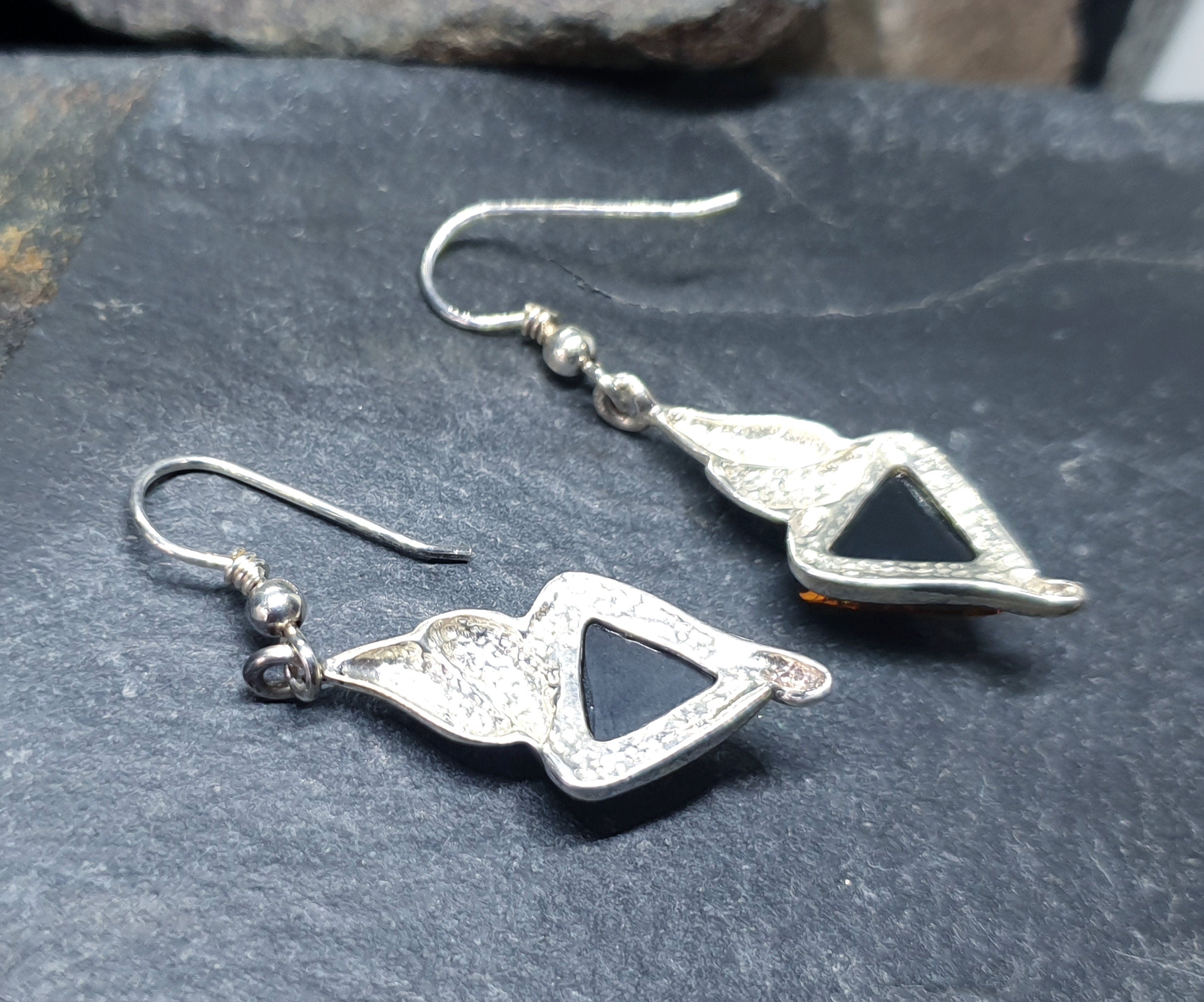 Vintage Sterling Silver AMBER EARRINGS - Dangling  - 4.6g