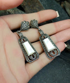 Sterling Silver Art Deco EARRINGS MOP & Marcasite - 12.1g