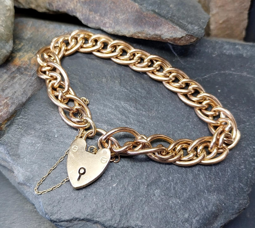 Antique 9ct Rose GOLD MULTI-LINK Bracelet & Heart Padlock Clasp - 13.4g