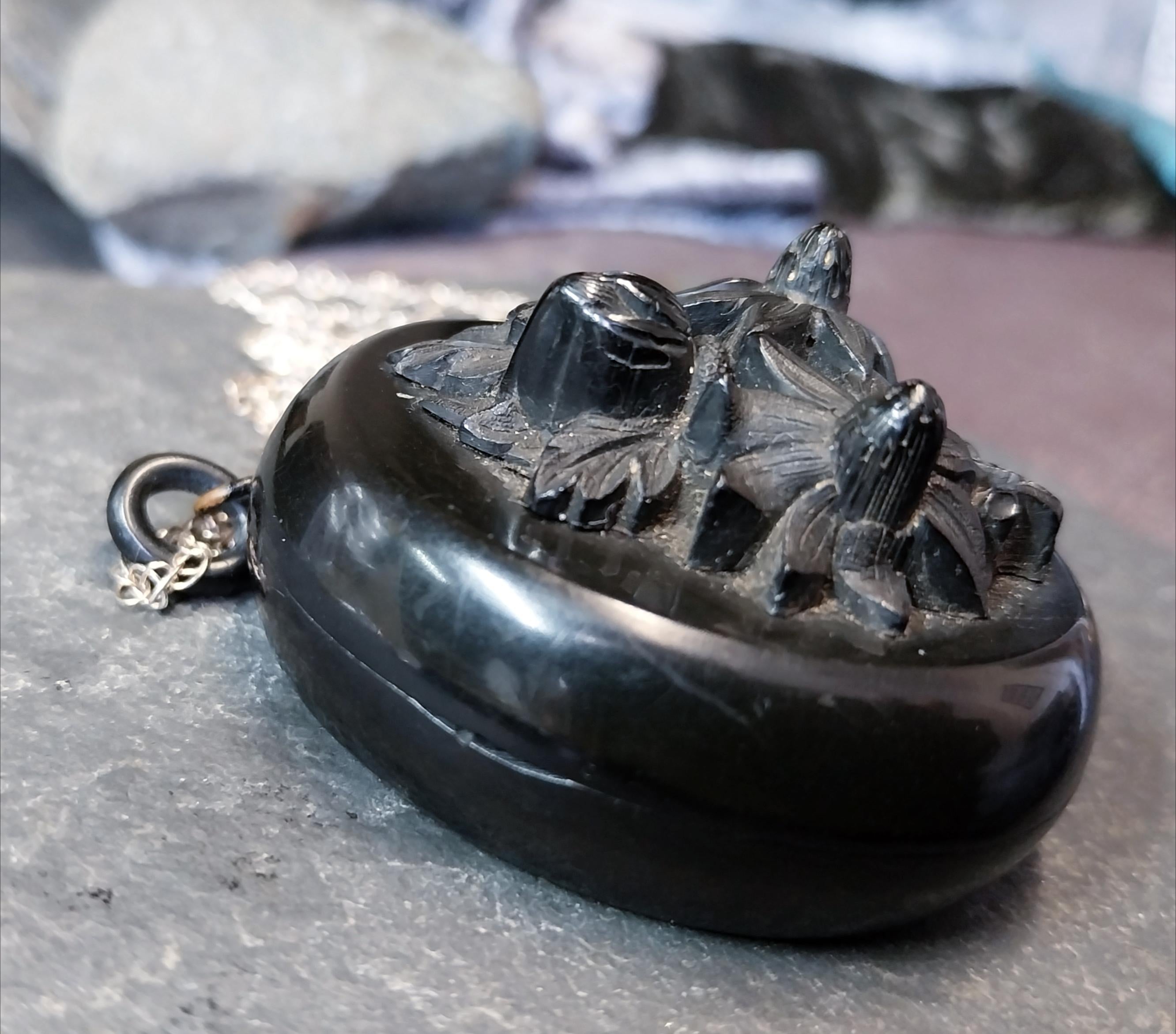 VICTORIAN Bog Oak LOCKET with Sunflowers on 24" Chain Necklace - 28.9g