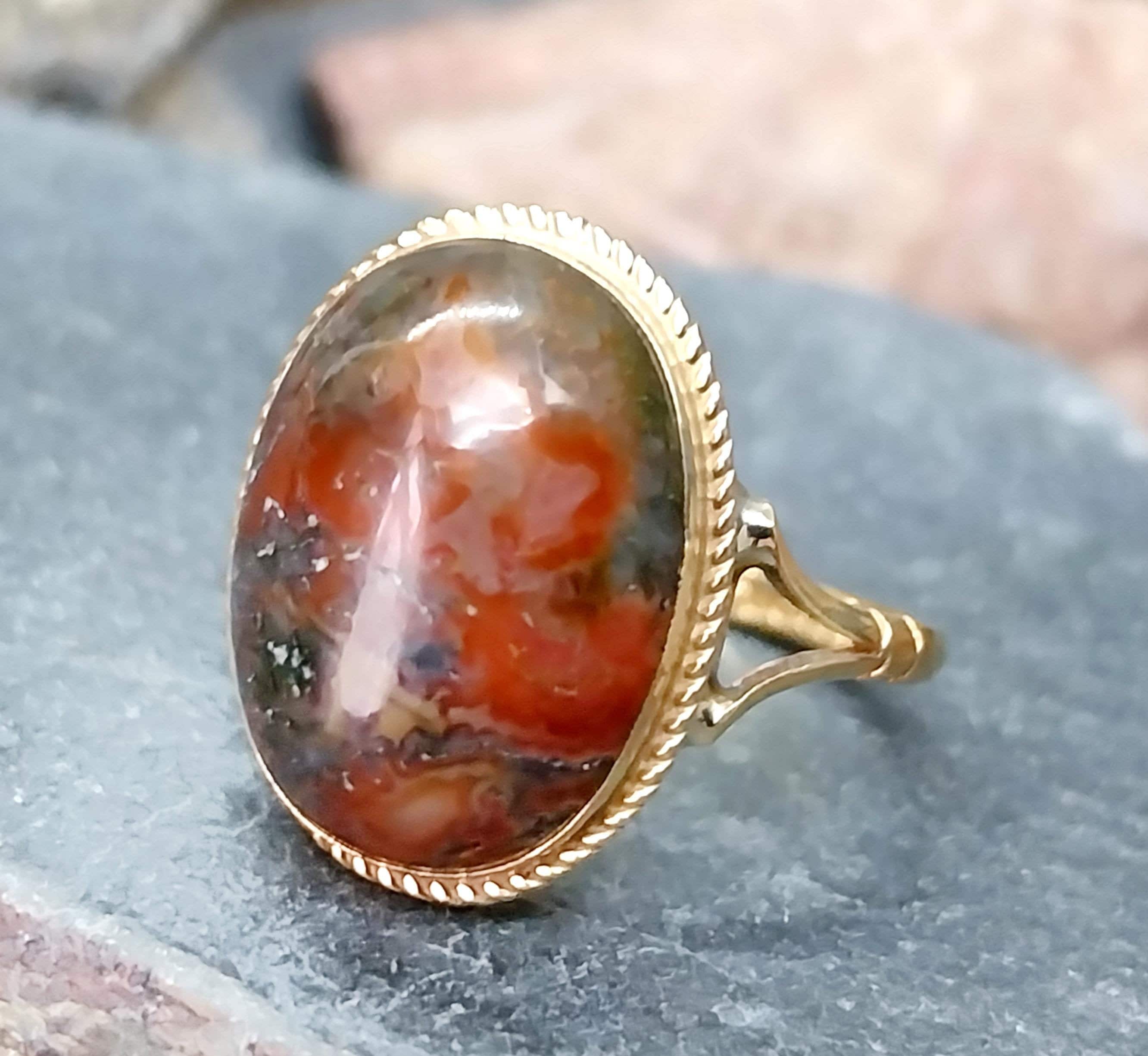 Vintage 9ct Gold MOSS AGATE Ring - Dendritic - Size uk Q (us 8) - 3.4g