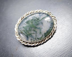 Vintage Silver Natural Green Moss Agate Brooch - 8.8g
