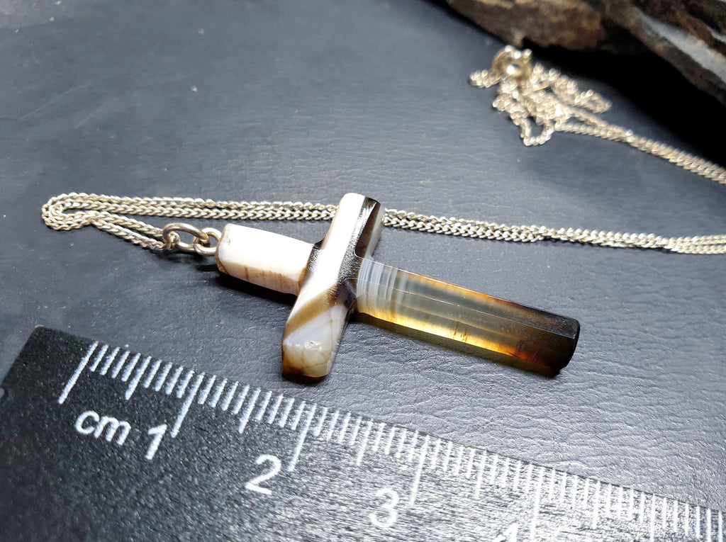 Victorian Antique Banded Agate Cross on 18" Sterling Silver Chain - 3.9g