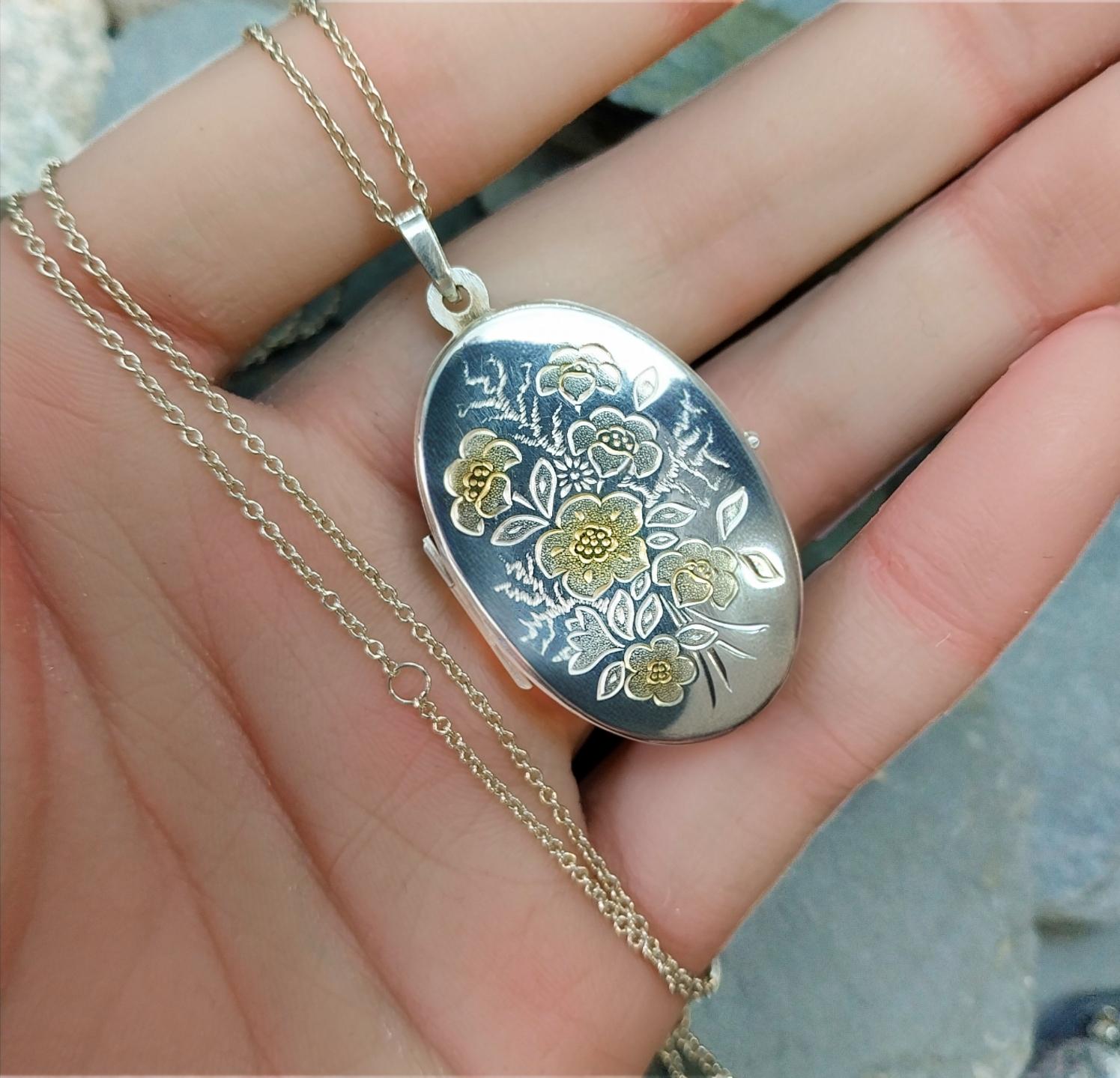 Vintage LOCKET - Sterling Silver Oval with Gold Flowers on 18" Chain - 7.1g