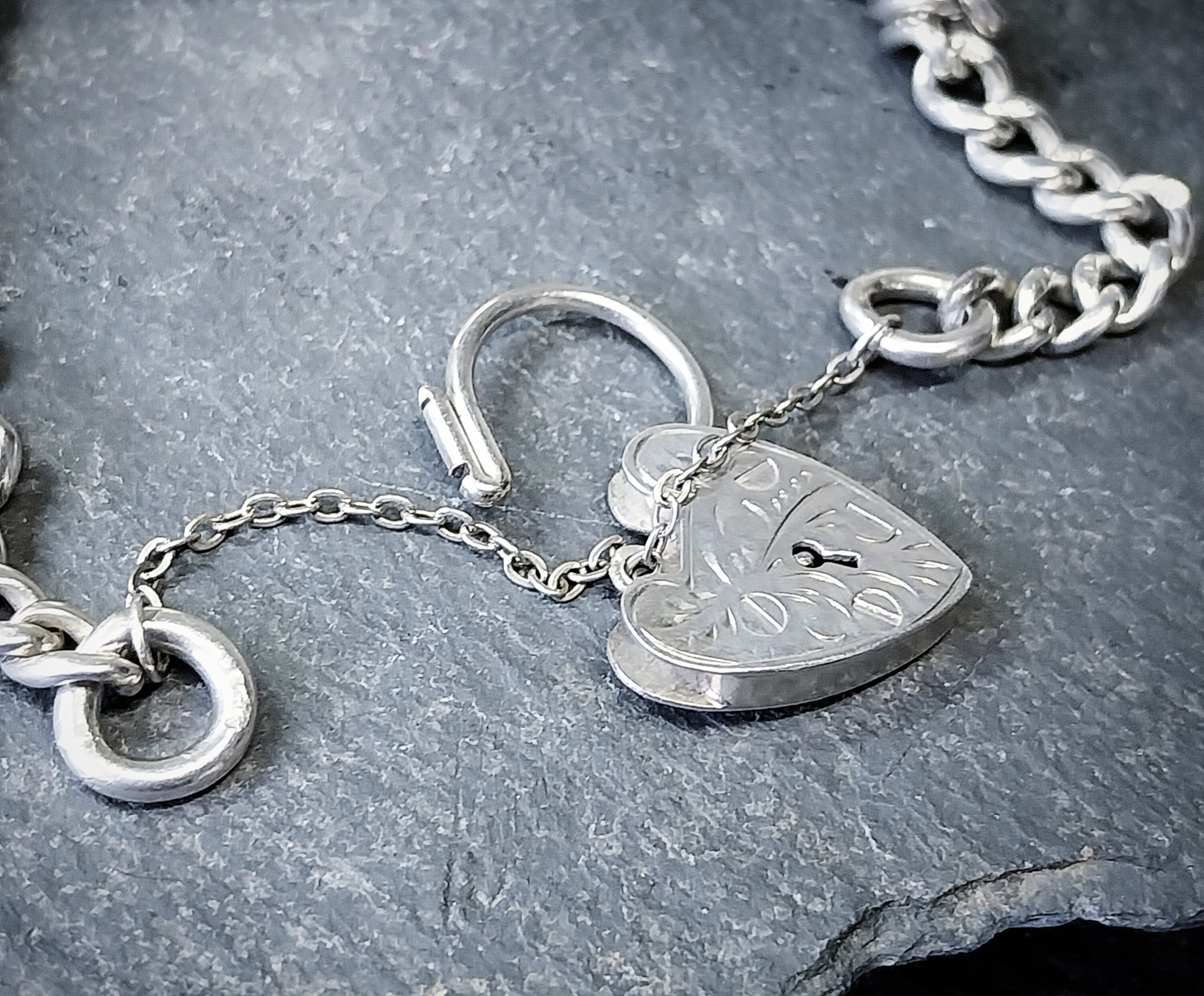 GEORG JENSEN Silver Identity Link Bracelet with Engraved Heart Clasp Padlock - 17.8g
