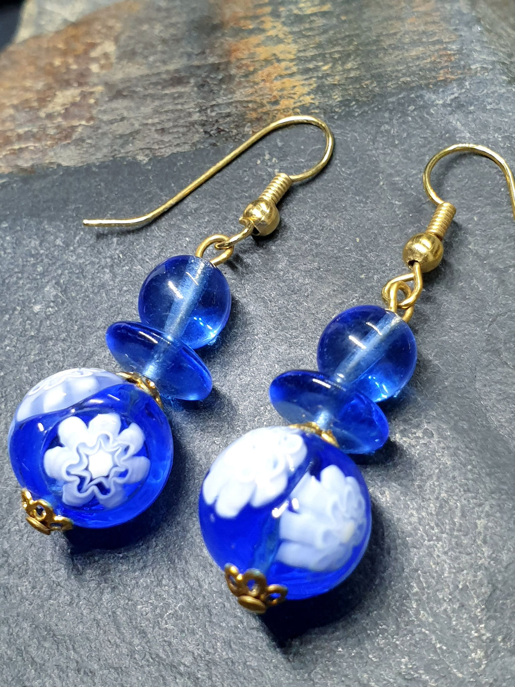 Vintage Murano Style Blue Bead EARRINGS - Long Dangling  - 8.5g