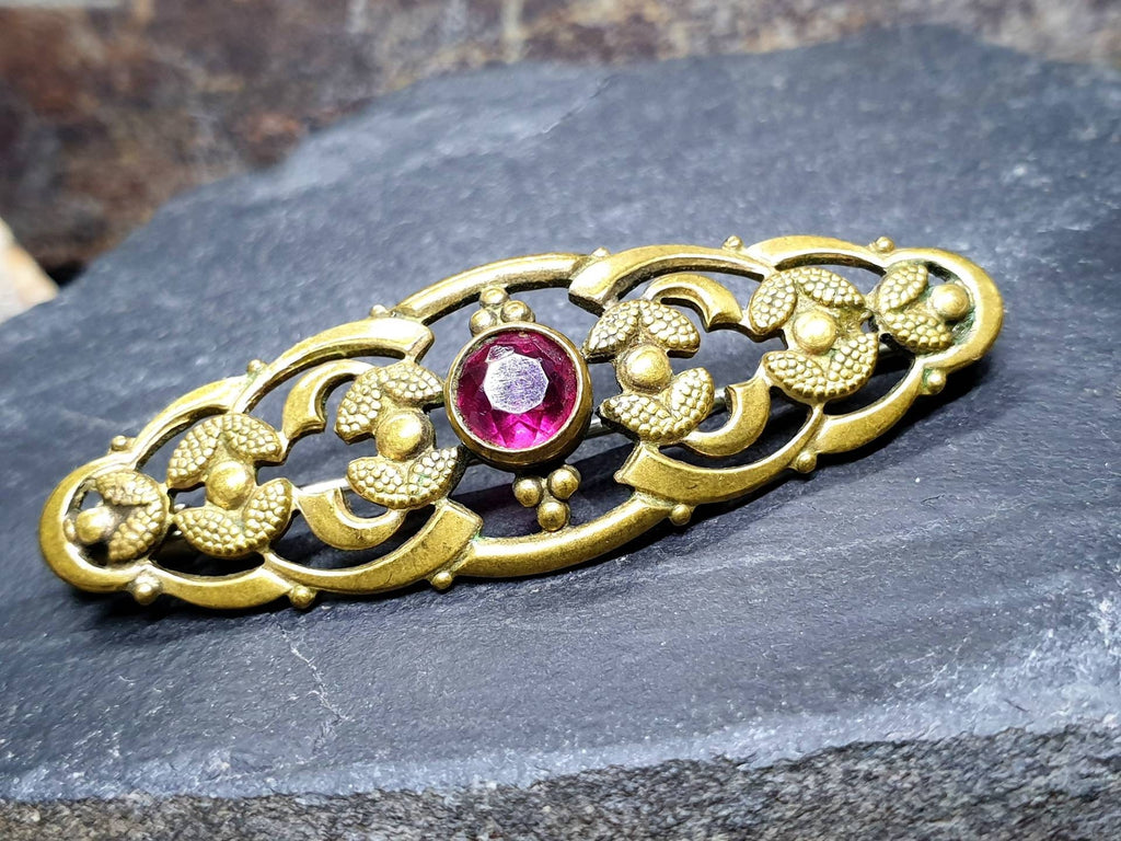 ANTIQUE Pinchbeck Brooch with Pink Cranberry Glass Gemstone - Edwardian 5.8g
