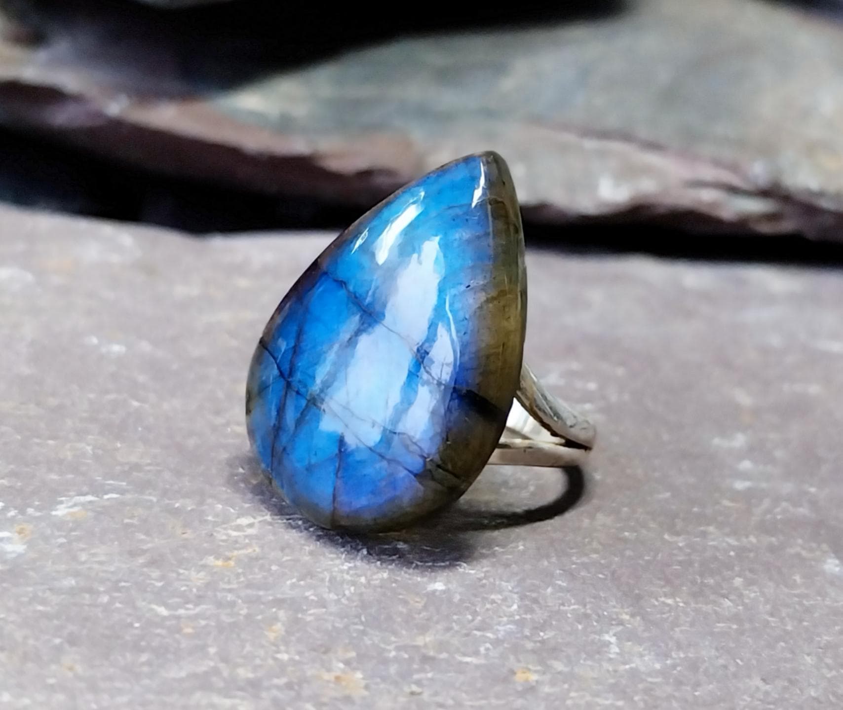 Vintage Labradorite Teardrop Sterling Silver Ring - Size O (7) 7.1g