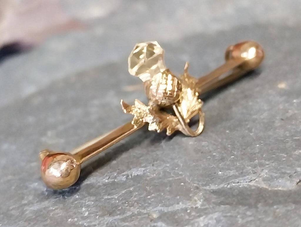 Antique 9ct Gold Thistle and Citrine Bar Brooch - 1.8g